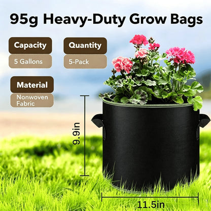 🌱 5-Pack 5 Gallon Grow Bags – Heavy Duty Aeration Fabric Pots with Handles for Vegetables, Flowers & Fruits 🪴-YH
